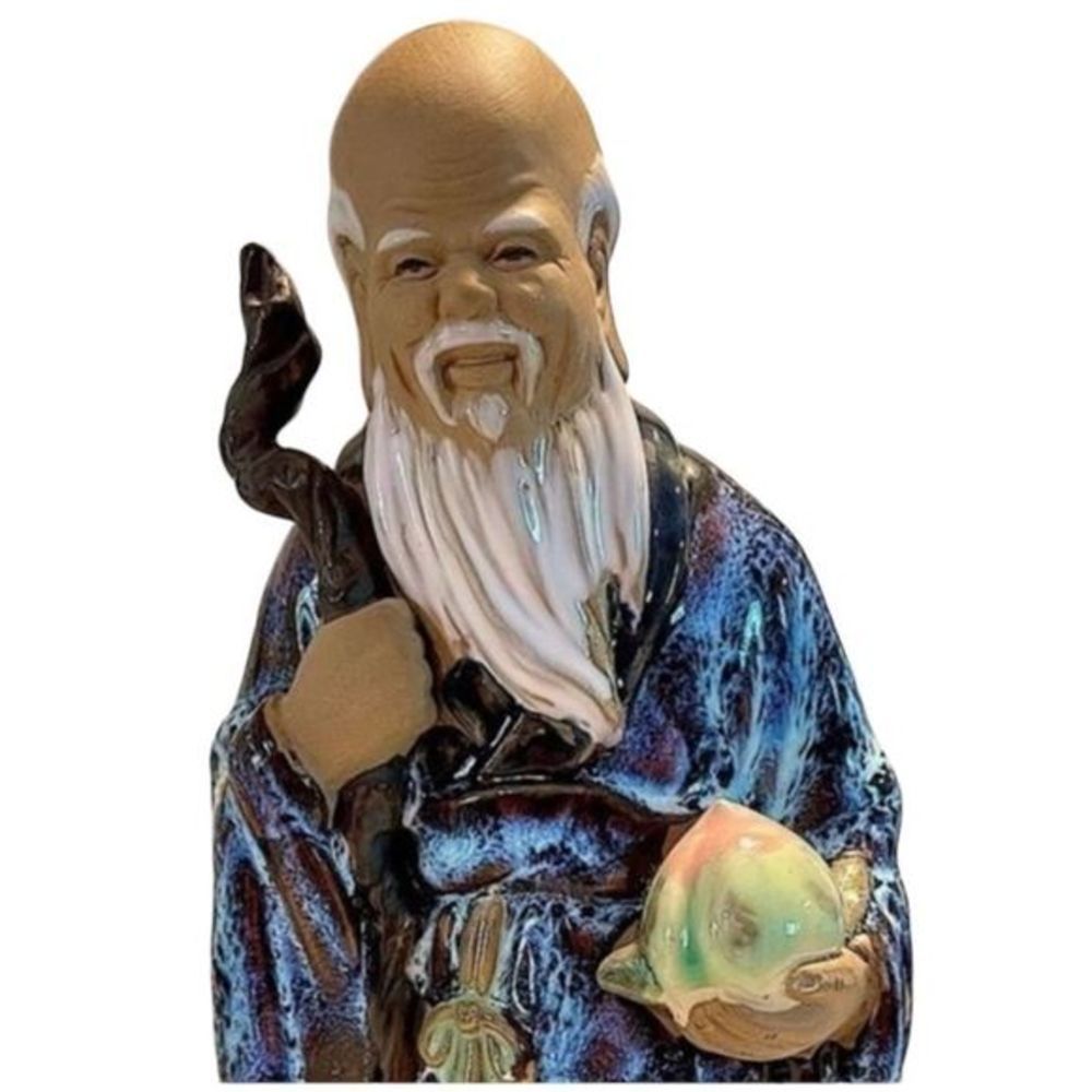 Vintage Shiwan Ceramic Art Pottery Chinese Mud Man Figurine holding Fruit